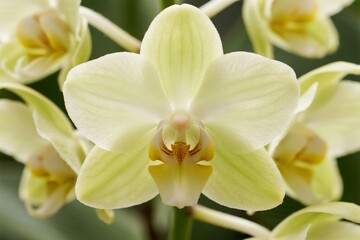 Fototapeta premium Close-up of pale yellow orchid flowers with delicate petals and intricate center details