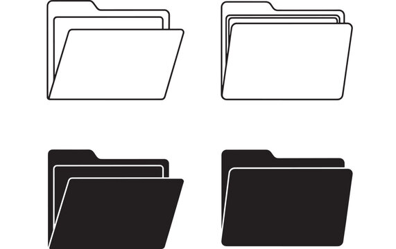 Folders open and closed with simple line art and solid black icon styles for digital organization featuring folder, document, filing with archive and