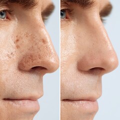 Obraz premium before and after pore and oil improvement in male T-zone, macro skin comparison on nose and upper cheek, enlarged oily pores on left, refined smooth skin on right