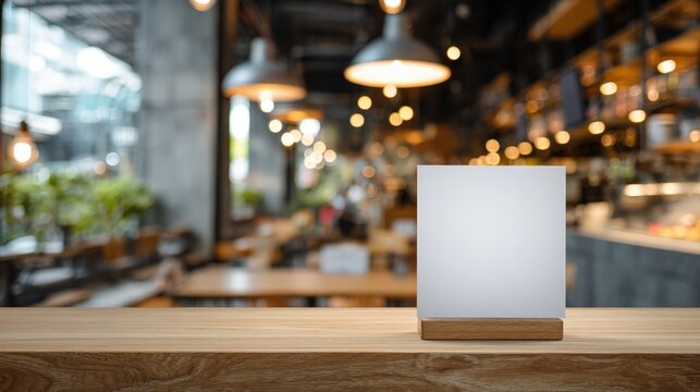 Mock-up of a blank menu label frame on a bar restaurant table, acrylic tent card stand with white sheets, blurred cafeteria background .