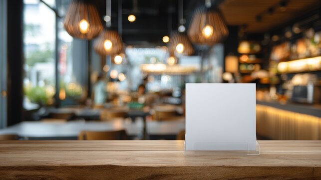 Mock-up of a blank menu label frame on a bar restaurant table, acrylic tent card stand with white sheets, blurred cafeteria background .