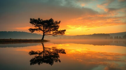 Sunrise over Still Lake with Perfect Tree Reflection.