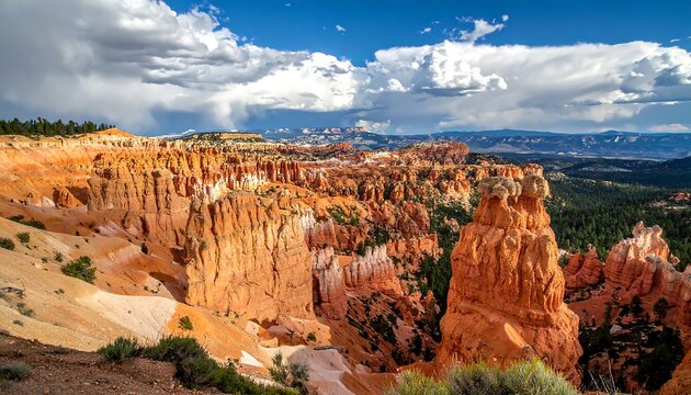 Vivid orange rock formations jut upward under a partly cloudy sky; trees dot the landscape