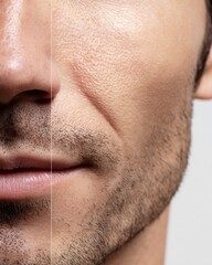 Fototapeta premium before after smooth skin pore reduction on male face, close-up cheek and nose comparison, porous uneven skin on left, smooth refined skin texture on right