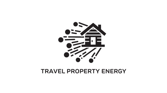 A black and white logo featuring a house icon surrounded by dynamic lines and dots, representing travel property energy and eco-friendly travel concepts.