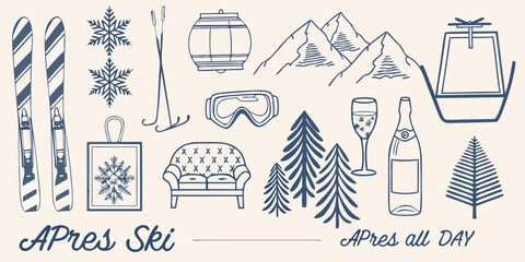 Winter sports and apr s ski themed illustrations in a linear style © Tasnim
