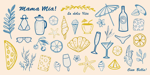 Italian summer themed doodles with citrus drinks and coastal elements © Tasnim