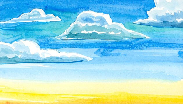 Watercolor wash illustration of a bright blue sky with fluffy white clouds above a yellow-tan plain