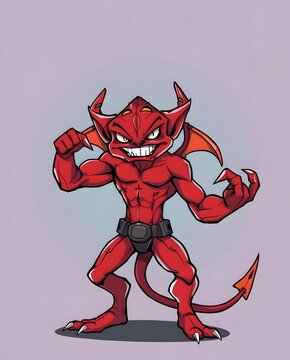Muscular cartoon devil flexing in confident pose with sharp claws and tail