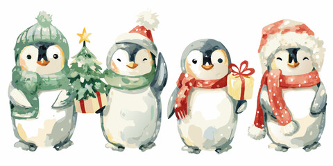 Obraz premium Watercolor penguins celebrate the winter holidays with gifts and festive wear