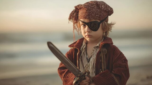 Child dressed as a pirate stands on the beach at sunset holding a sword while wearing a pirate outfit and an eye patch
