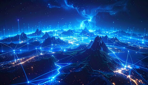 Global digital network connecting illuminated cities and mountain ranges