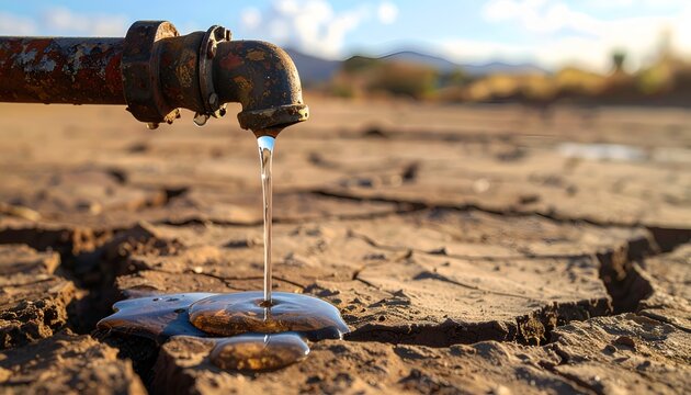 Water dripping from a rusty pipe onto cracked dry earth