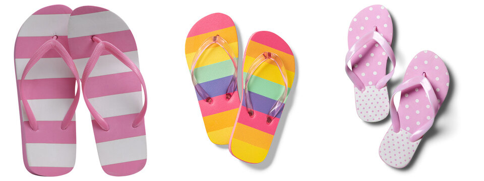 Bright and colorful summer flip-flops in various patterns, ready for beach trips or casual wear, transparent background.