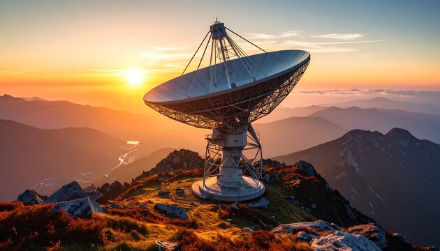 Large satellite dish on mountain peak at sunset