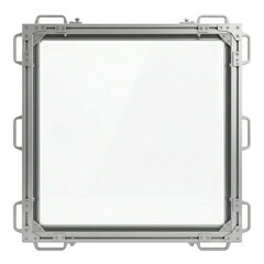 Modern data center access panel with aluminum frame and tempered glass showing clean infrastructure and sleek design creating calm technical mood