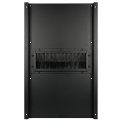 Black server cabinet panel with cable brush opening data center infrastructure equipment front access visually minimal industrial design calm