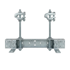 Galvanized metal support bracket with threaded rods and cable clamp assembly securing data center infrastructure and industrial conduit organized