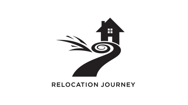 A stylized black logo featuring a house on a winding road, symbolizing relocation and journey, set against a clean white background with bold text.