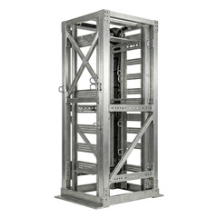 Metal server rack frame data center infrastructure with open steel skeleton and cable management details showing industrial strength and geometric