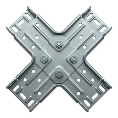 Galvanized metal cross connector data center infrastructure part with bolts and perforated steel plate creating industrial symmetry and subtle