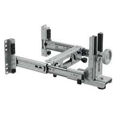 Adjustable metal mounting bracket for heavy equipment data center infrastructure support with sliding rails and fastening hardware