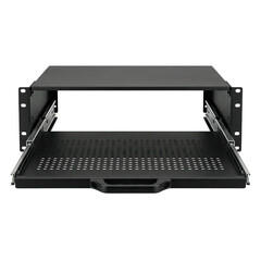 Black metal server rack drawer with perforated sliding tray and handle for data center infrastructure equipment organization and cooling