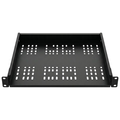 Black metal server rack shelf with perforated vent pattern data center infrastructure equipment cooling friendly minimal design