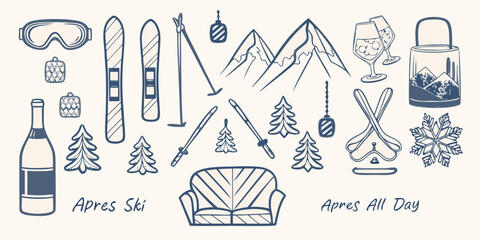 Winter sports and apr s ski themed line drawings in blue tones © Lolita