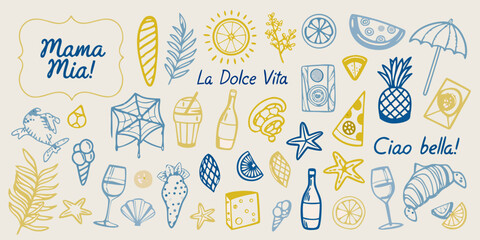 Italian summer doodles featuring food drink and seaside elements © Lolita