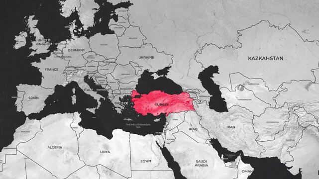 Turkey highlighted on world map zoom animation showing country location between Europe and Asia 4k animation video