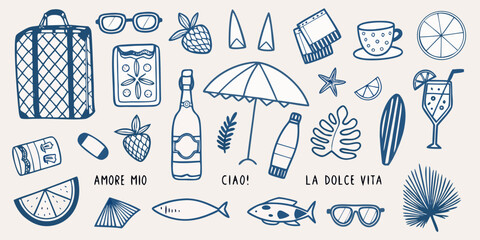 Collection of hand drawn summer themed icons and illustrations in blue © Lolita
