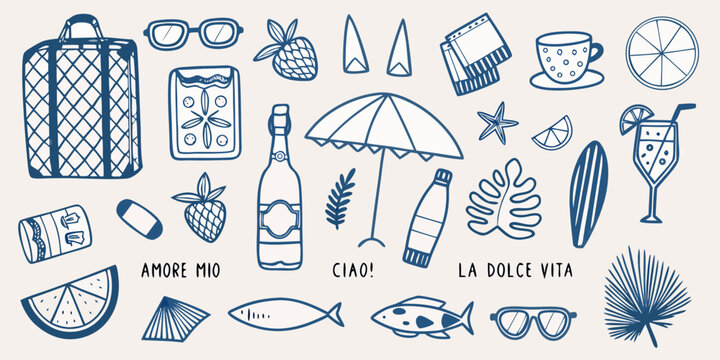 Collection of hand drawn summer themed icons and illustrations in blue