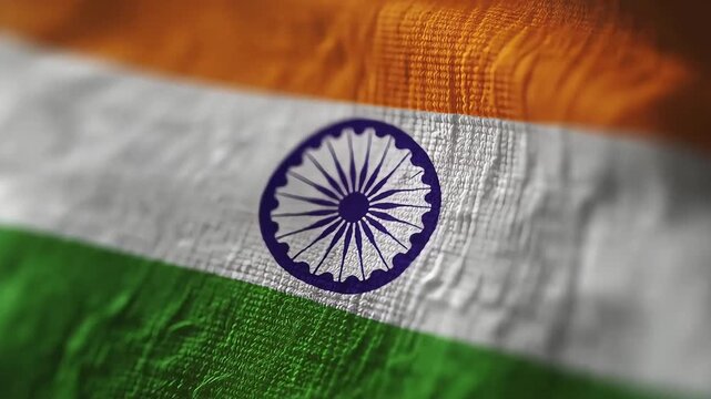 Macro Indian Flag Rippling with Detailed Textile Threads and Chakra