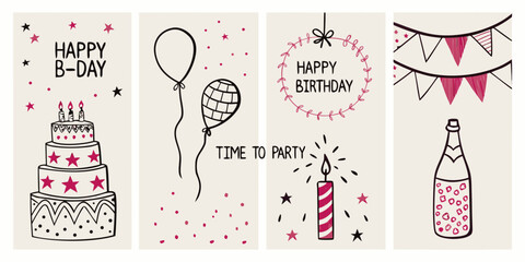 Four doodle style birthday illustrations with cakes balloons and decorations