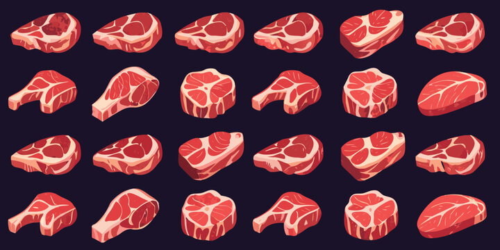 A colorful illustration displaying various cuts of raw red meat