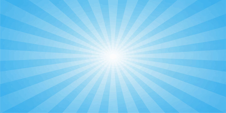 A bright blue sunburst vector illustration features abstract sunlight rays glowing from a central burst to create a vibrant summer sky wallpaper and a shiny nature backdrop design