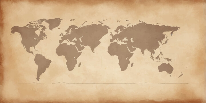 A vintage antique world map aged on grunge paper texture features an ancient atlas of the earth's continents and a retro globe for global travel and geography art