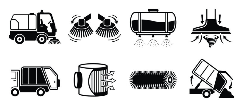 Street Sweeper Vector Icon Set: Cleaning Vehicle, Brushes, Water Tank, Vacuum, Filter, and Dump Icons Collection
