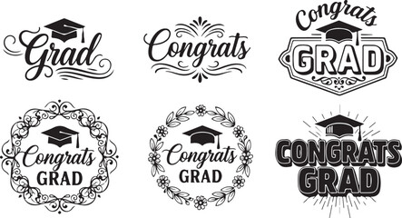 Obraz premium Graduation celebration badges featuring mortarboard hats and decorative floral wreaths with hand drawn script typography for university