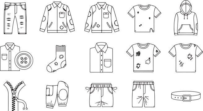 Damaged and worn clothing line icons set including ripped jeans patched jackets old shirts stained t shirts and broken zipper details