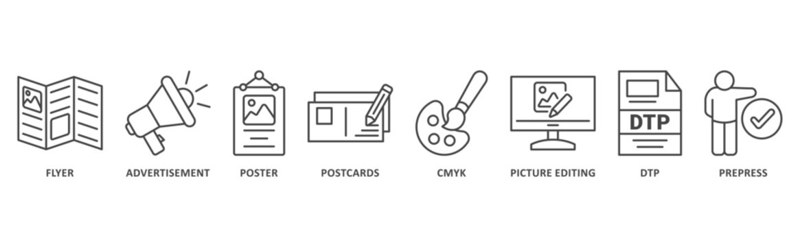 Print banner web icon illustration with icon of flyer, advertisement, poster, postcard, oawi, picture editing, dtp, prepress