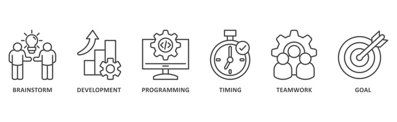 Hackathon banner web icon illustration with icon of brainstorm, development, programming, timing, teamwork, goal © Iracons