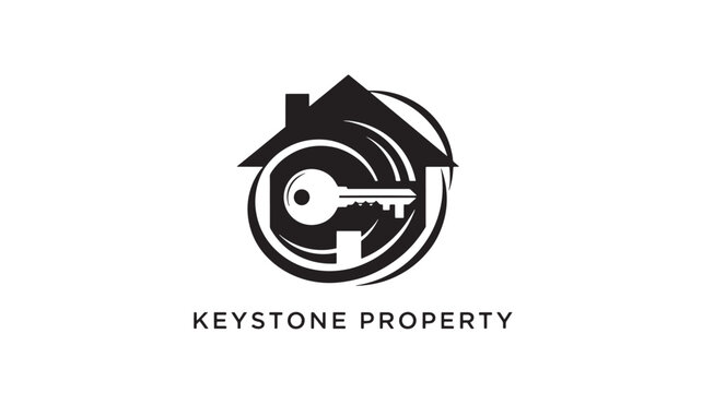 A black and white logo featuring a house with a key, representing Keystone Property, on a clean white background, ideal for real estate or business concepts.