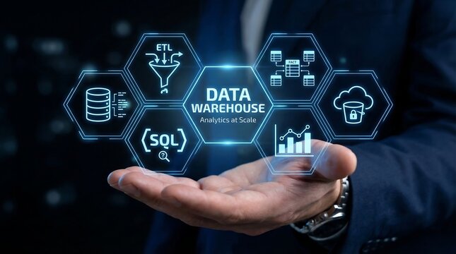 Business professional holding glowing data warehouse technology network with ETL, SQL, and cloud storage icons in a digital abstract background.