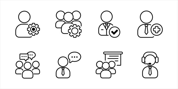 Employee management outline icons pack. Business office workforce thin line communication and support icon set