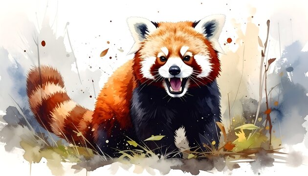 Watercolor illustration of a red panda with dark eyes and an expressive face in a serene, natural setting