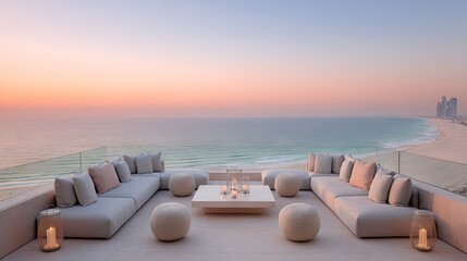 Obraz premium Luxurious rooftop terrace overlooks an expansive coastline during a pastel sunset