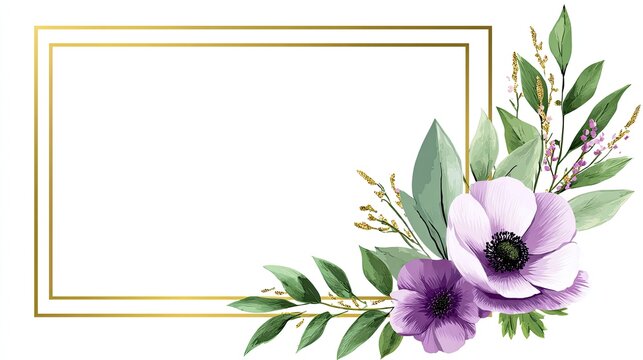 Elegant golden rectangular border adorned with watercolor purple flowers and green foliage arranged in the bottom right corner