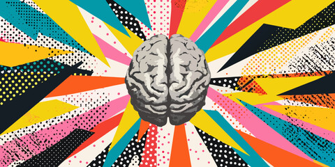 A human brain is centered within an explosion of colorful abstract patterns © Lelin